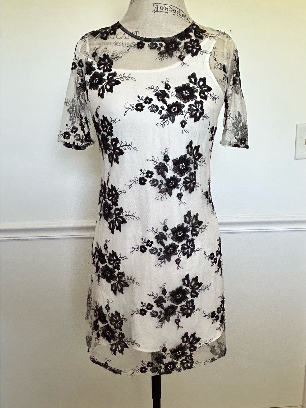 BCBGeneration White Mini Dress with Black Floral Lace Overlay